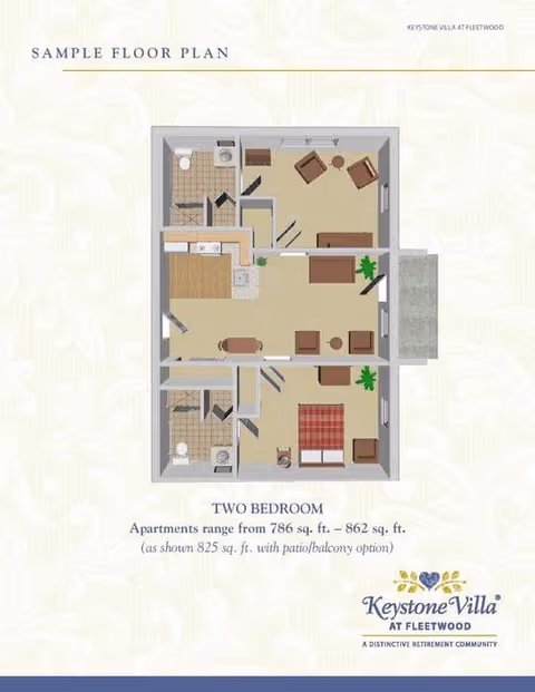 Sample floor plan of a two-bedroom apartment at Keystone Villa at Fleetwood, showing a layout with two bedrooms, two bathrooms, a kitchen, living area, and a patio/balcony option. The apartment size ranges from 786 to 862 square feet, with the shown layout being 825 square feet.