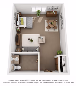 3D floor plan of a studio apartment featuring a bedroom area with a bed, nightstands, and a dresser, a living area with a sofa, armchair, coffee table, and TV, a dining area with a round table and four chairs, a bathroom with a toilet and sink, and a small closet near the entrance.