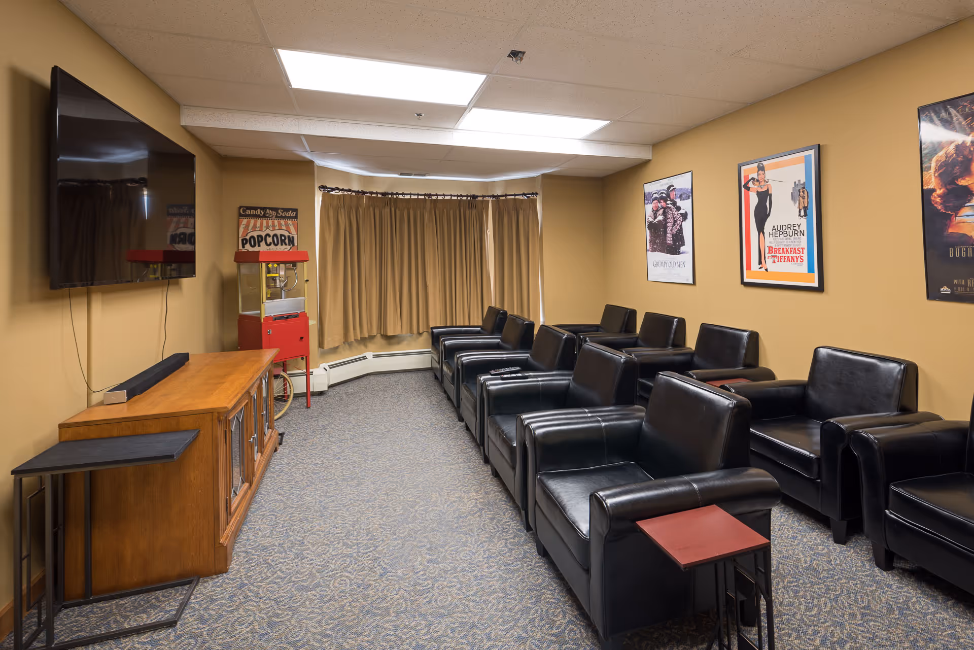A cozy movie room with two rows of black leather armchairs facing a large flat-screen TV mounted on the wall. There is a wooden cabinet below the TV and a vintage-style popcorn machine in the corner. The walls are decorated with classic movie posters, and beige curtains cover the window.