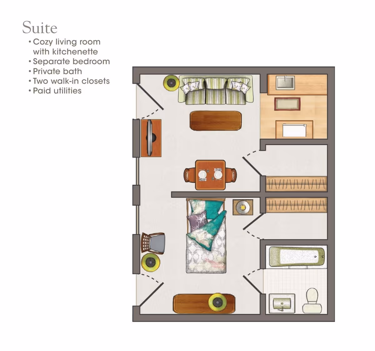 Floor plan of a suite at Villa Marie showing a cozy living room with a kitchenette, separate bedroom, private bathroom, two walk-in closets, and paid utilities. The layout includes a sofa, coffee table, dining table with chairs, bed, nightstand, bathroom with bathtub, sink, and toilet, and kitchenette with a sink and counter space.