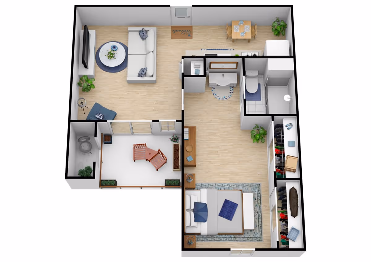3D floor plan of a senior living apartment at Greenhaven Place featuring a living room with a sofa, TV, and chair, a dining area with a table and chairs, a kitchen, a bathroom with a sink, toilet, and shower, a bedroom with a bed and nightstands, a walk-in closet, and a small enclosed patio with two chairs and plants.
