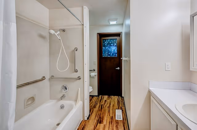 A clean bathroom featuring a white bathtub with a handheld showerhead and safety grab bars, a toilet partially visible behind a wall, a wooden door with a frosted glass window, a white countertop with a sink, and wood-patterned flooring.