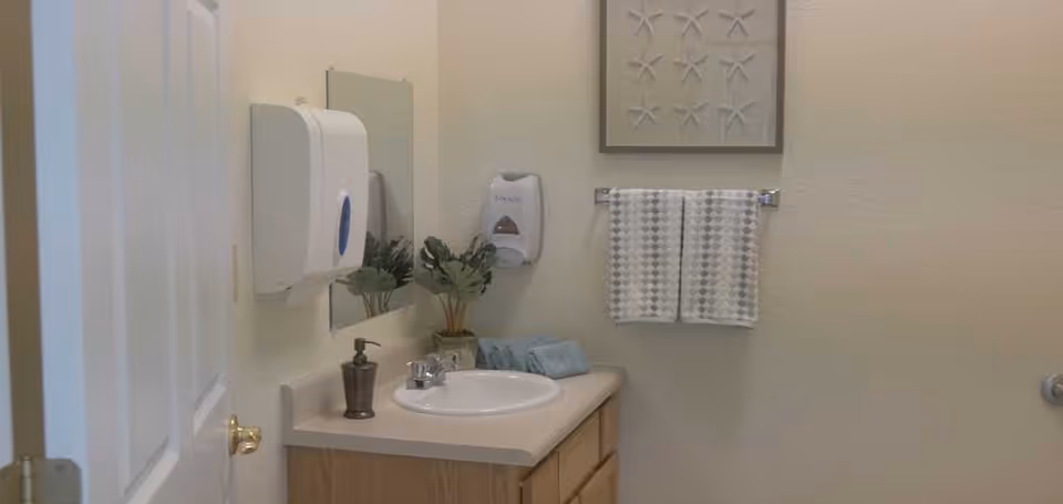A clean bathroom sink area with a white countertop, a silver faucet, a soap dispenser, a small plant, and folded blue towels. Above the sink is a rectangular mirror, a wall-mounted soap dispenser, and a towel rack with two patterned hand towels. A framed artwork featuring starfish is hung on the wall.