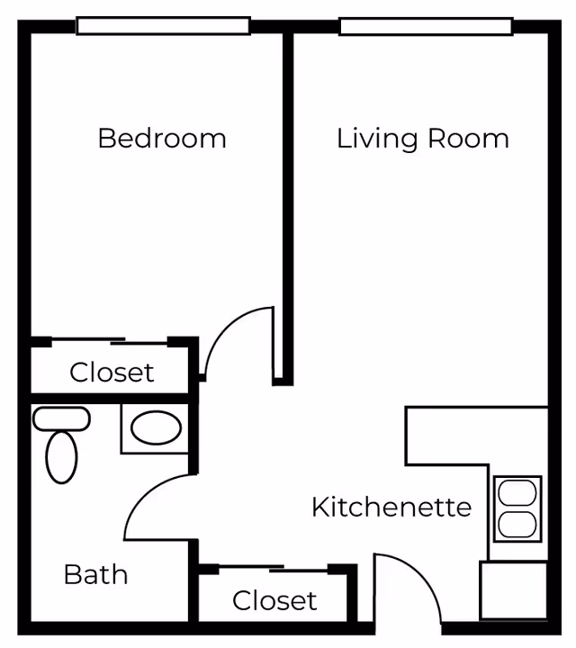 Floor plan of a senior living unit at Avamere at Chestnut Lane showing a bedroom, living room, kitchenette, bathroom, and two closets.
