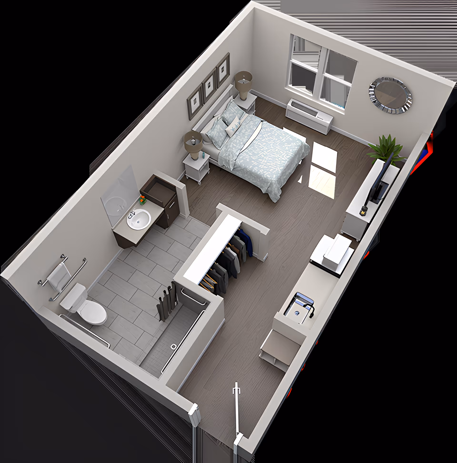 3D rendered floor plan of a studio apartment showing a bed, nightstands, closet, bathroom, and a small living/kitchenette area.