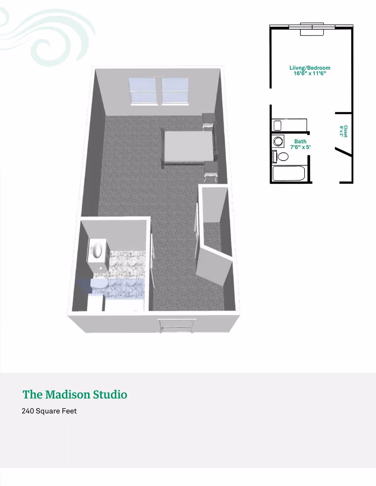3D floor plan of The Madison Studio at Beech Grove Meadows showing a studio apartment layout with a combined living and bedroom area, a bathroom with a sink, toilet, and bathtub, and a closet. The layout includes dimensions for the living/bedroom area, bathroom, and closet.