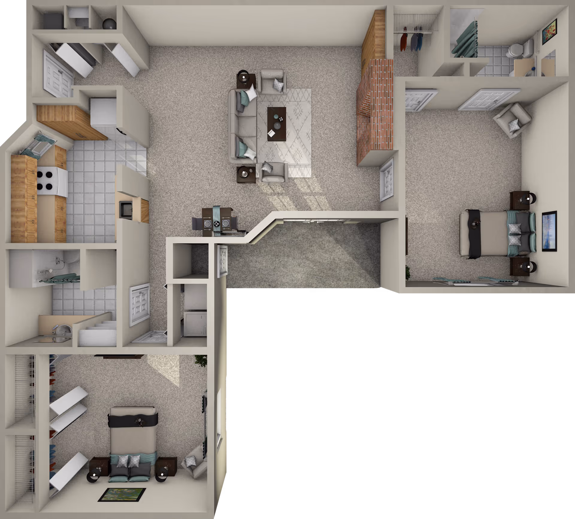 Top-down view of a two-bedroom apartment floor plan featuring a living room with sofa and chairs, a dining area with table and chairs, a kitchen with appliances, two bedrooms each with a bed and nightstands, a bathroom with shower and toilet, and closets.