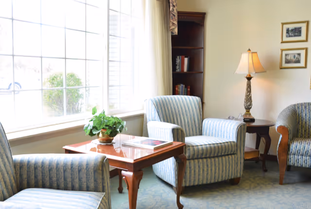 A bright and cozy living room area with three blue-striped upholstered armchairs arranged around a wooden coffee table. The table holds a potted plant and a book. A large window lets in natural light, and a wooden bookshelf with books is in the corner. A side table with a decorative lamp and framed pictures on the wall complete the scene.