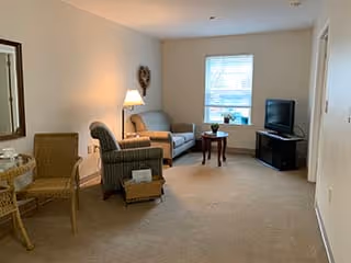 A living room with beige carpet and neutral walls featuring a striped armchair with a matching ottoman, a small sofa, a wooden side table with a plant, a TV on a black stand, and a wicker chair. A window with blinds allows natural light into the room.