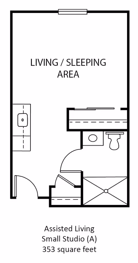 Floor plan of a small studio assisted living unit showing a living/sleeping area, a bathroom with a toilet and shower, and a kitchenette area. The total area is 353 square feet.