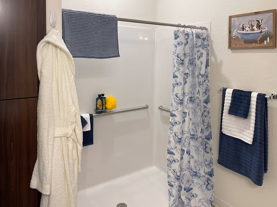 Shower stall with a blue-and-white butterfly curtain, grab bars, toiletries, navy and white towels, and a white bathrobe hanging nearby.