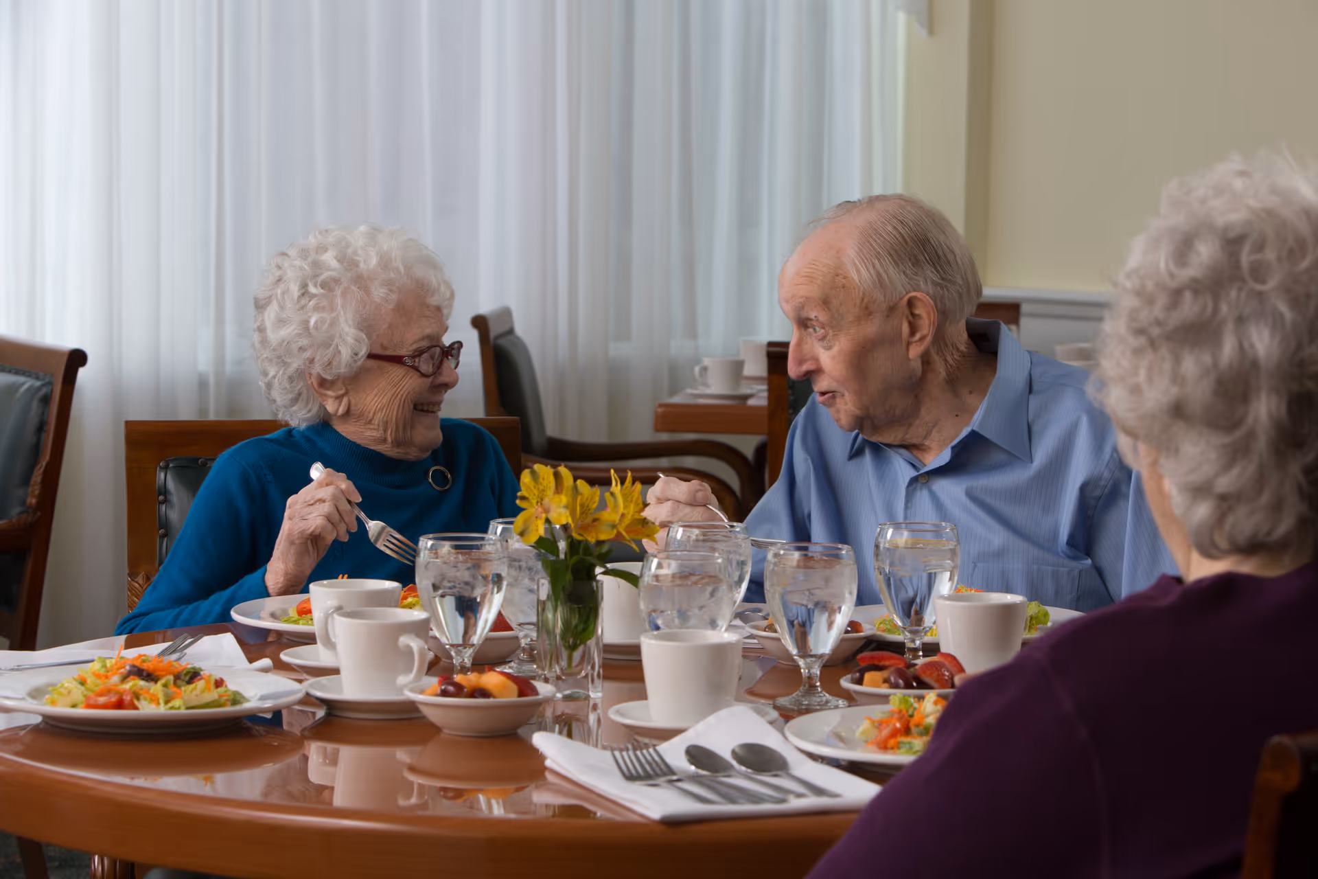 Three elderly individuals sitting around a dining table in a well-lit room, enjoying a meal together. The table is set with plates of salad, cups, glasses of water, and a small vase with yellow flowers. Two of the individuals are engaged in conversation and smiling.