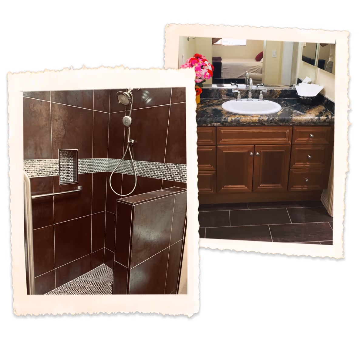 Split photo showing a tiled walk-in shower with a handheld showerhead and a bathroom vanity with a sink and marble countertop.
