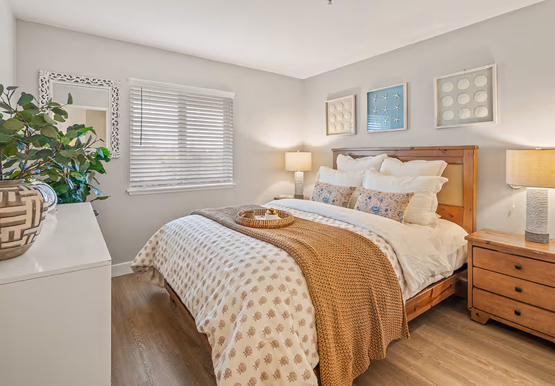 A cozy bedroom with a wooden bed frame, white and patterned bedding, and a brown knitted throw blanket. There are two bedside tables with lamps, a window with white blinds, a white dresser with a decorative vase and plant, and three framed artworks featuring starfish and shells on the wall above the bed.
