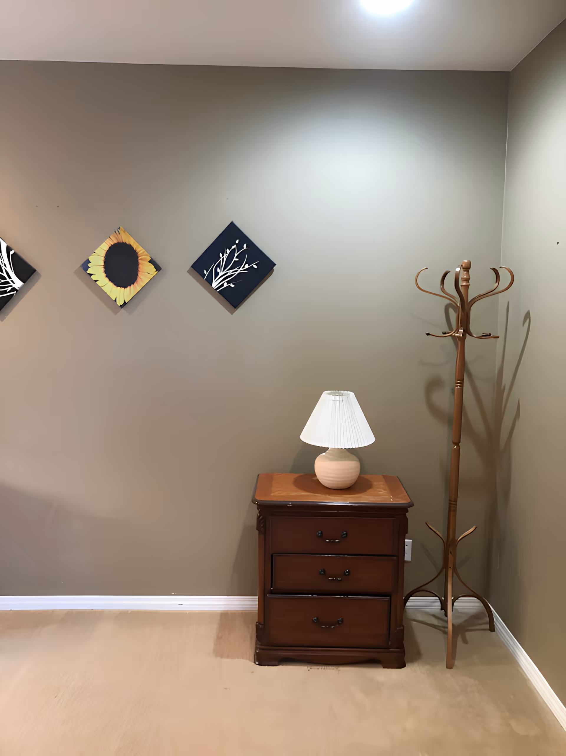 A corner of a room with olive green walls featuring three square wall decorations with floral and branch designs. Below the decorations is a wooden nightstand with three drawers and a beige table lamp with a pleated white lampshade on top. To the right of the nightstand is a wooden coat rack with multiple hooks. The floor is carpeted in a light beige color.