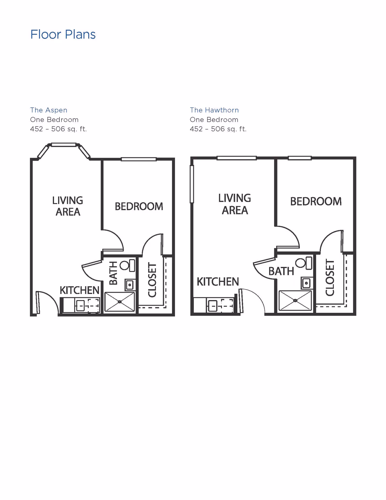 Floor plans for two one-bedroom apartments named The Aspen and The Hawthorn, each ranging from 452 to 506 square feet. Both layouts include a living area, bedroom, kitchen, bathroom, and closet.