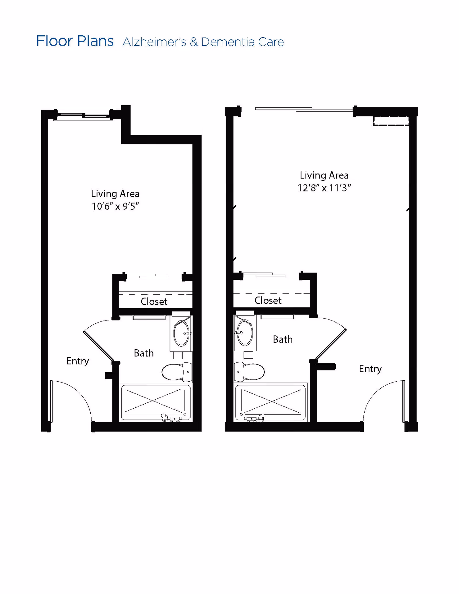 Floor plans for Alzheimer's and Dementia Care showing two layouts each with a living area, closet, bath, and entry. The left layout has a living area measuring 10'6" x 9'5" and the right layout has a living area measuring 12'8" x 11'3".