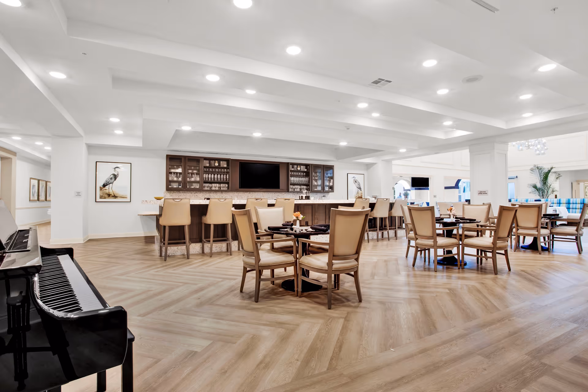 A spacious and well-lit dining area in a senior living facility featuring multiple round tables with beige cushioned chairs, a bar counter with high stools, glass cabinets with glassware, a flat-screen TV mounted on the wall, framed bird artwork, and a black grand piano in the foreground. The room has light wood flooring and recessed ceiling lights.