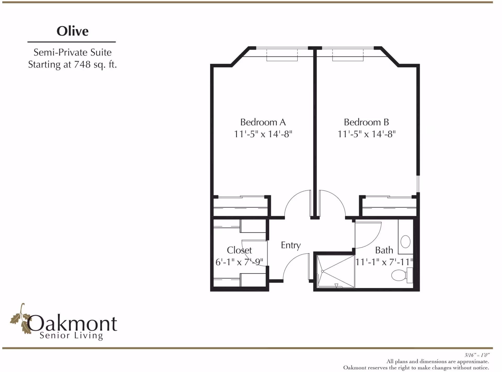Floor plan of the Olive semi-private suite at Oakmont Senior Living, showing two bedrooms labeled Bedroom A and Bedroom B, an entry area, a closet, and a bathroom. Bedroom A and Bedroom B each measure 11 feet 5 inches by 14 feet 8 inches. The closet measures 6 feet 1 inch by 7 feet 9 inches. The bathroom measures 11 feet 1 inch by 7 feet 11 inches.