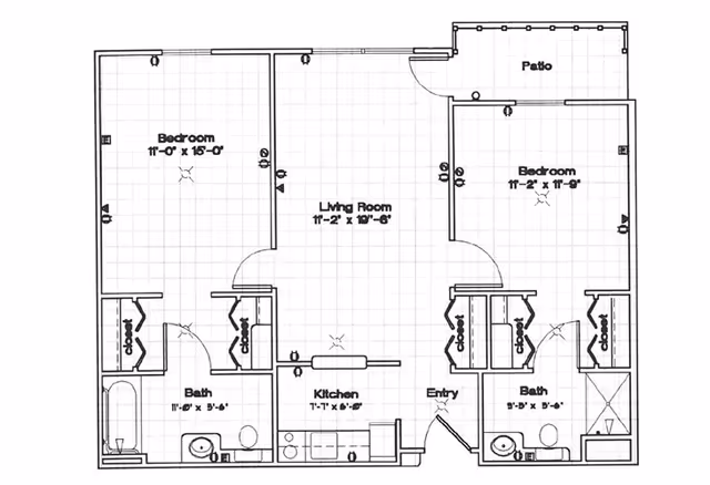 Architectural floor plan of a residential unit at Park Square Manor showing two bedrooms, two bathrooms, a living room, a kitchen, an entry area, and a patio. Each bedroom has a closet, and the bathrooms include standard fixtures such as a bathtub, toilet, and sink. The living room is centrally located between the bedrooms, and the kitchen is adjacent to the entry.