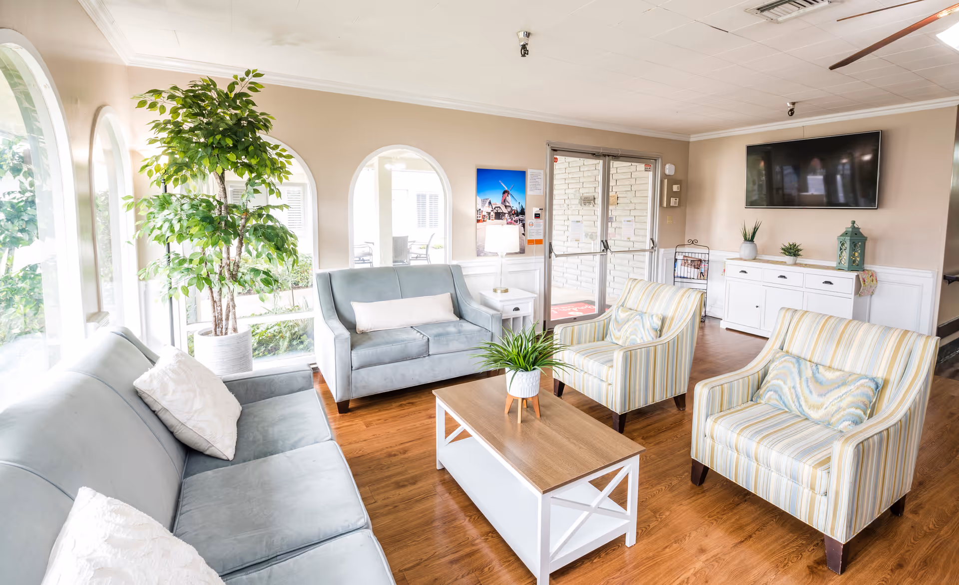 A bright and inviting living room with large arched windows letting in natural light. The room features a light blue sofa, a matching loveseat, two striped armchairs, a wooden coffee table with a potted plant, and a white sideboard with decorative items. A flat-screen TV is mounted on the wall above the sideboard, and a large potted plant is placed near the windows.