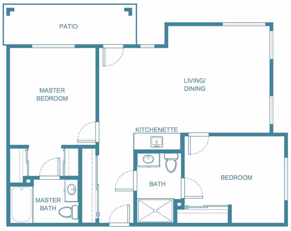 Floor plan of a living space at Holiday Maple Downs showing a master bedroom with an attached master bath, a second bedroom, a bath, a kitchenette, a combined living and dining area, and a patio.