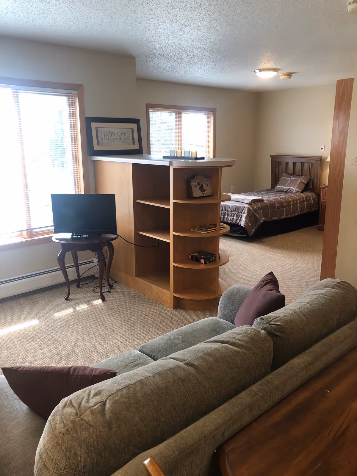 A cozy living space featuring a gray couch with purple pillows in the foreground, a wooden shelving unit with decorative items and books, a small TV on a side table near a window with blinds, and a single bed with a checkered bedspread in the background.