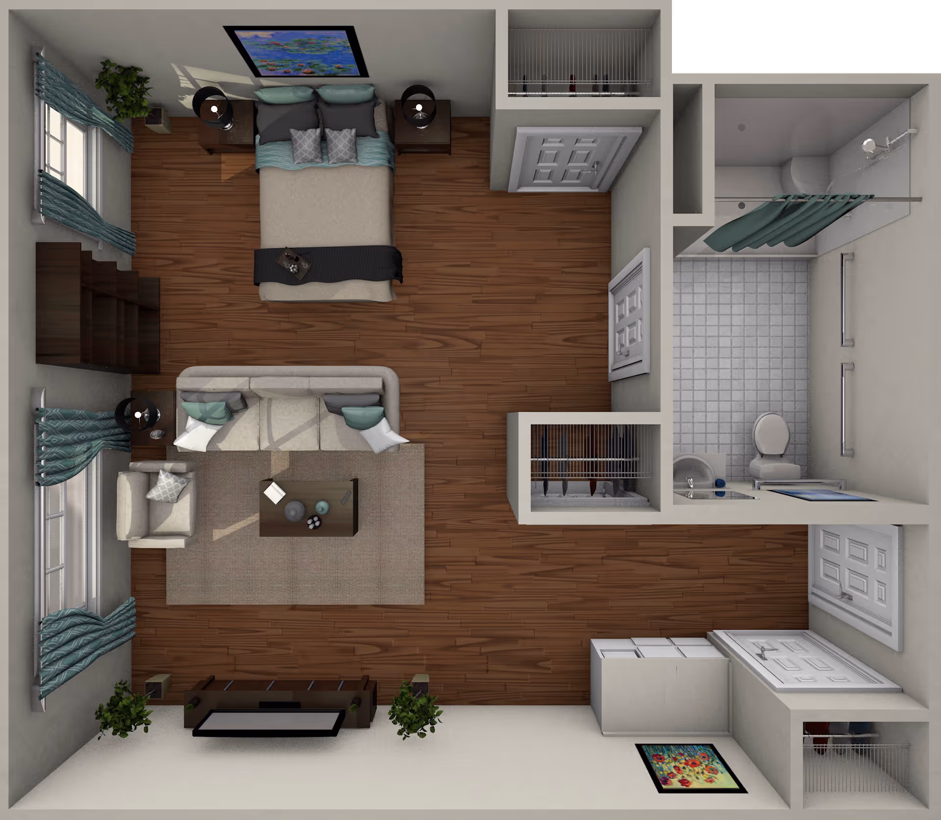 Top-down view of a studio apartment floor plan featuring a bedroom area with a bed, nightstands, and lamps, a living area with a sofa, armchair, coffee table, and TV stand, a bathroom with a shower, toilet, and sink, and a small kitchen area with cabinets and appliances. The space has wooden flooring and several windows with curtains.
