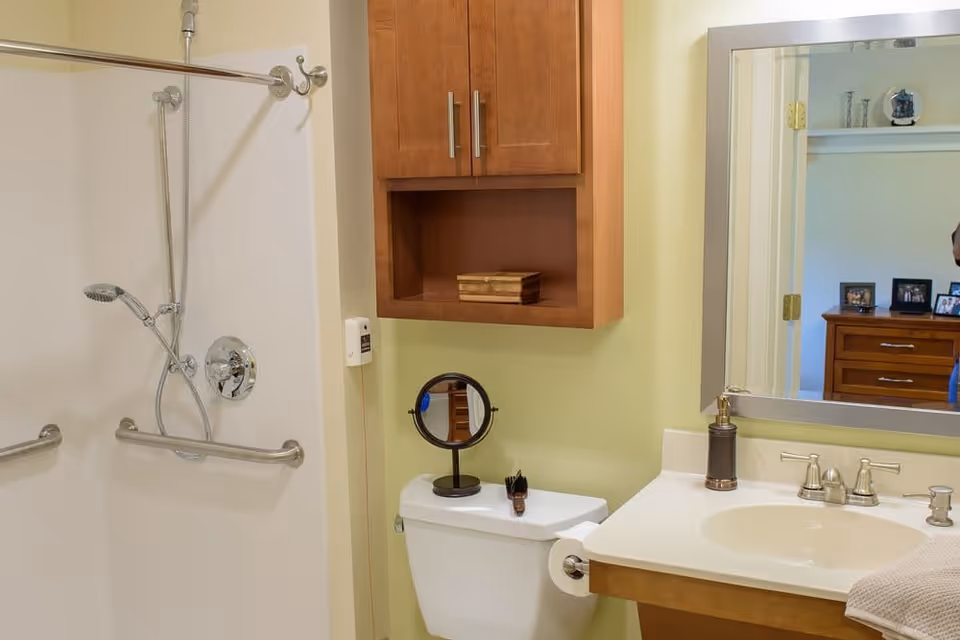 A bathroom with a shower area featuring a handheld showerhead and grab bars, a toilet with a small round mirror and a brush on top, a wooden cabinet mounted on the wall, and a sink with a soap dispenser and a towel. A large mirror above the sink reflects part of an adjacent room with a wooden dresser and framed photos.