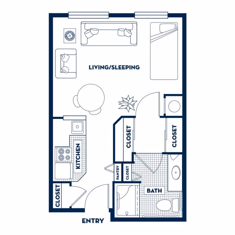 Floor plan of a studio apartment at Fairwinds - Woodward Park showing an entry leading to a kitchen area with a closet, a living/sleeping area with a sofa, chair, bed, and table, multiple closets, a pantry, and a bathroom with a bathtub, toilet, and sink.