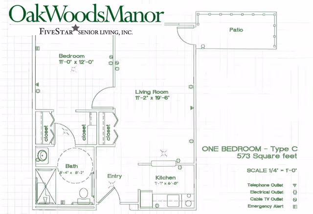 Floor plan of Oak Woods Manor one-bedroom apartment, Type C, showing a bedroom, living room, kitchen, bathroom, closets, entry, and a patio. Dimensions and outlet types are labeled.