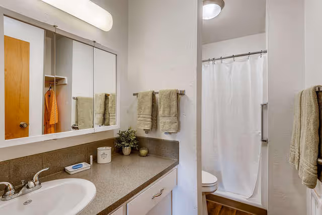 A clean and well-lit bathroom with a sink and countertop on the left, featuring a faucet, soap dish, and decorative items. Above the sink is a large mirror with a light fixture. On the wall, two beige towels hang on a towel rack. To the right, there is a toilet and a shower area with a white shower curtain.