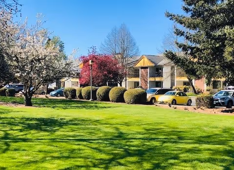 A sunny outdoor scene at Jennings McCall Center featuring a well-maintained green lawn, trimmed bushes, blooming trees with white and pink flowers, several parked cars, and a two-story building in the background under a clear blue sky.