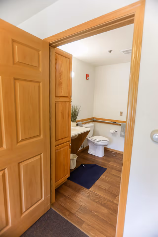 View through a wooden door into a bathroom with a toilet, sink, wooden cabinets, grab bars and a blue bath mat.