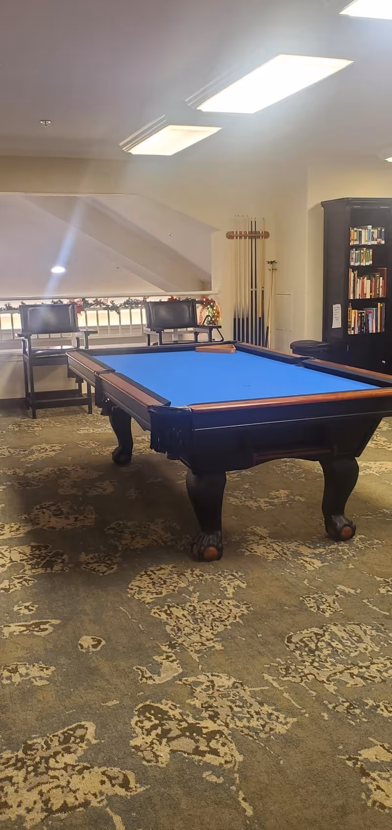 A room with a blue felt pool table in the center, two black chairs against a railing with decorative garland, a rack holding pool cues on the wall, and a bookshelf filled with books. The room has patterned carpet and overhead fluorescent lighting.