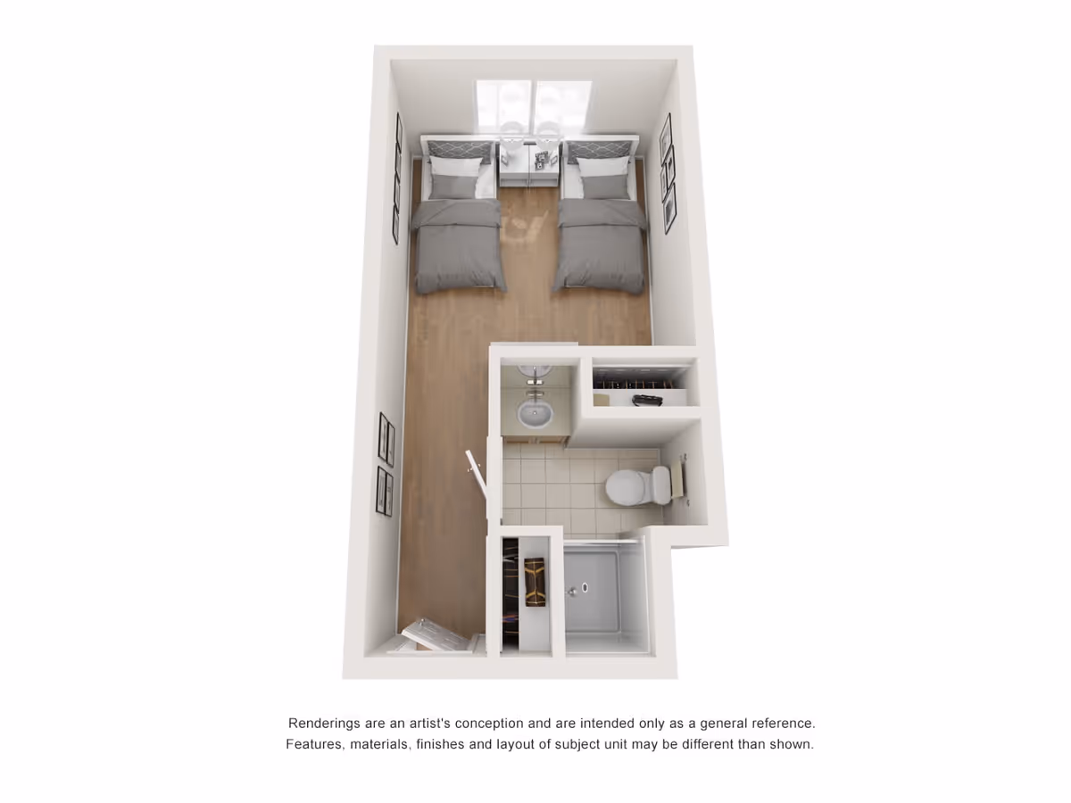 3D floor plan of a small living unit featuring two single beds with a nightstand and lamps between them, a bathroom with a toilet, sink, and shower, and a closet area near the entrance.