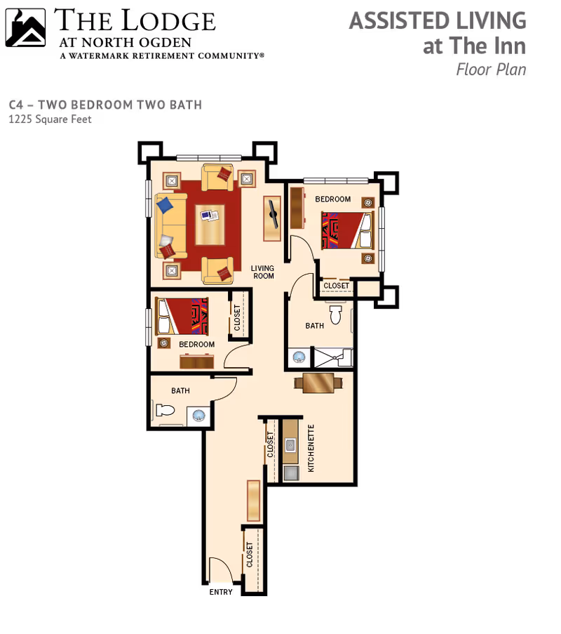 Floor plan of a two-bedroom, two-bath assisted living apartment with a living room, kitchenette, closets, and labeled rooms including two bedrooms and two bathrooms.