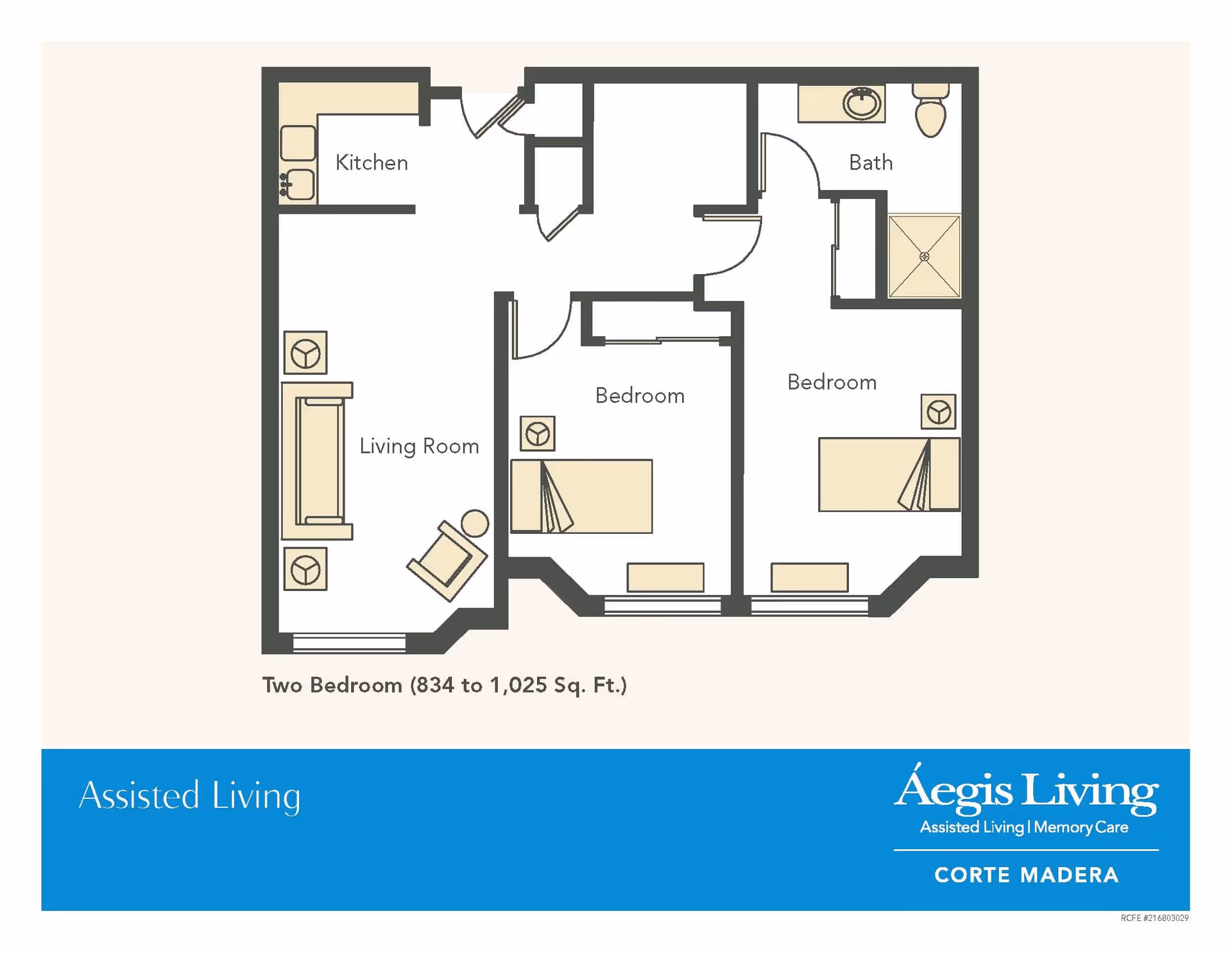 Floor plan of a two-bedroom assisted living apartment at Aegis Living Corte Madera, showing a kitchen, living room, two bedrooms, and a bathroom.