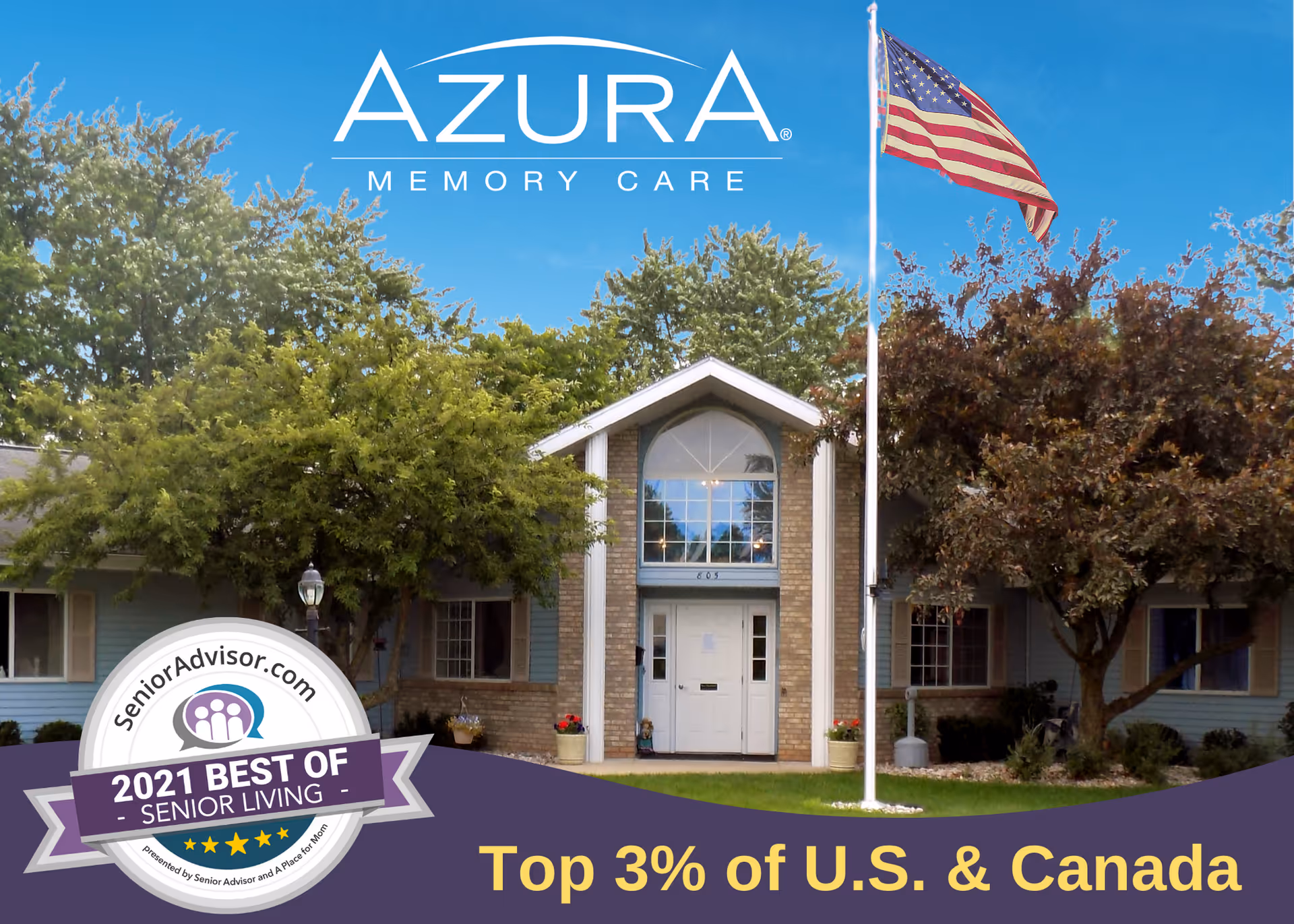 Exterior view of Azura Memory Care of Clinton building with an American flag on a flagpole in front, surrounded by trees and a clear blue sky.
