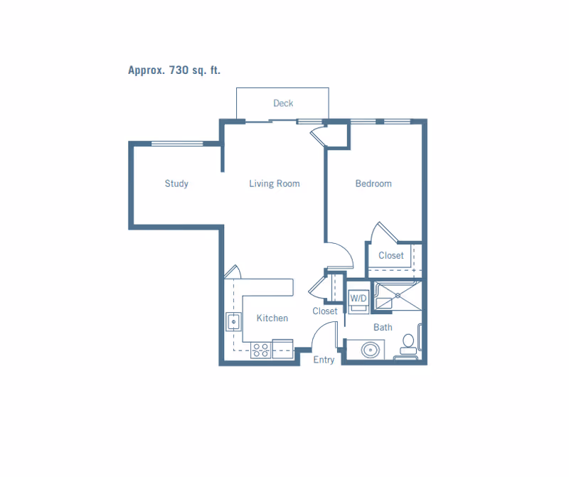 Floor plan of a residential unit approximately 730 square feet, showing a study, living room with deck access, bedroom with closet, kitchen, bathroom, entry, and additional closets including a washer/dryer area.