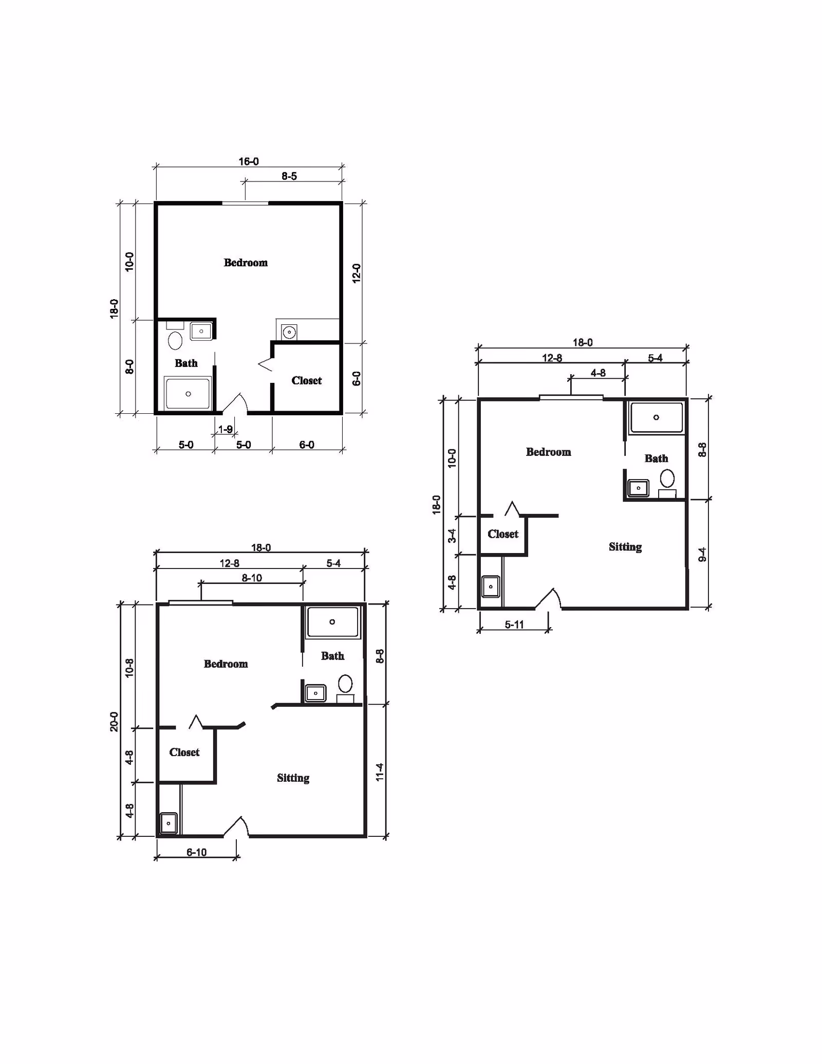 Architectural floor plans showing layouts of bedrooms, bathrooms, closets, and sitting areas with dimensions.