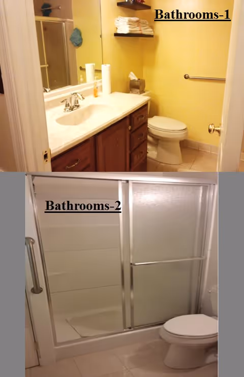 Two images showing bathrooms in a residential care home. The first image shows a bathroom with a sink, countertop, wooden cabinets, a toilet, and shelves with folded towels against a yellow wall. The second image shows a bathroom with a toilet and a shower with sliding frosted glass doors and a grab bar inside the shower.