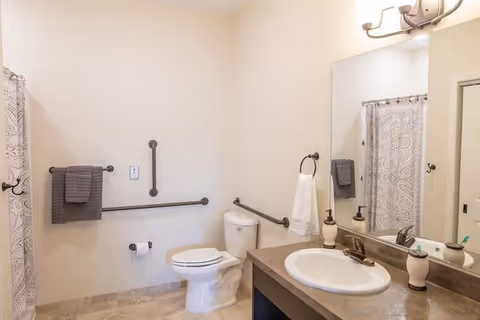 A clean and accessible bathroom featuring a toilet with grab bars on the walls, a towel rack with a gray towel, a sink with a countertop, soap dispensers, a large mirror, and a shower area with a patterned curtain.