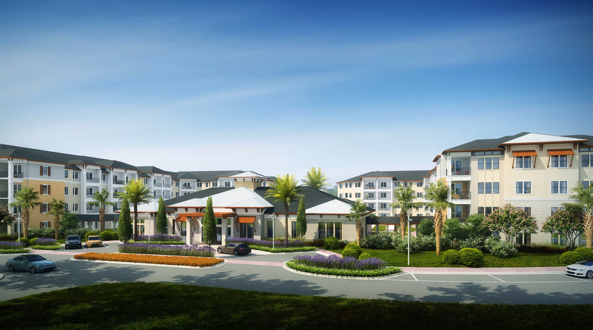 Front exterior view of a multi-story senior living complex with a circular driveway, landscaped gardens, palm trees, and parked cars.