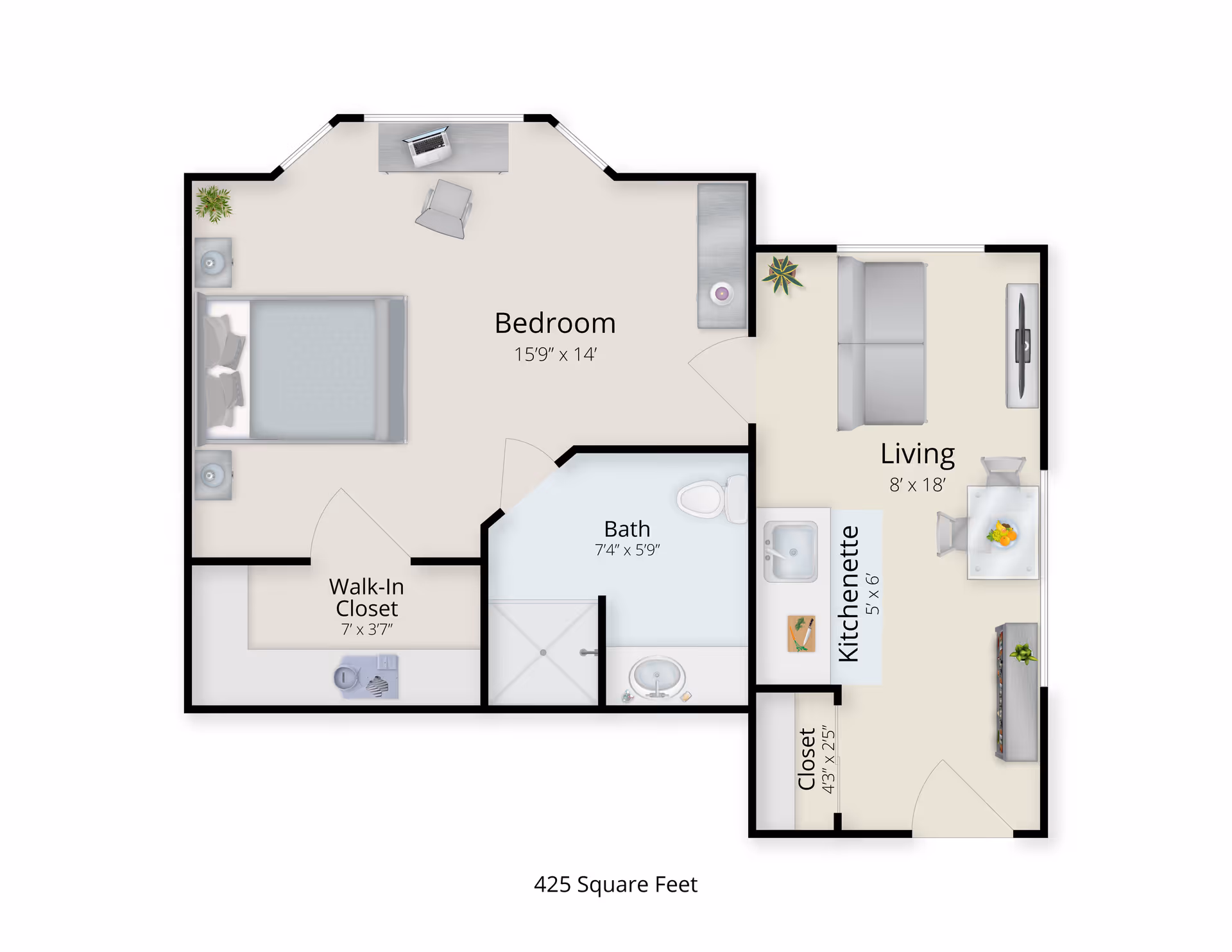 Floor plan of a 425 square feet living space at Masonicare at Middlewoods of Newington, showing a bedroom with a walk-in closet, a bathroom, a living area with a kitchenette, and an additional closet.