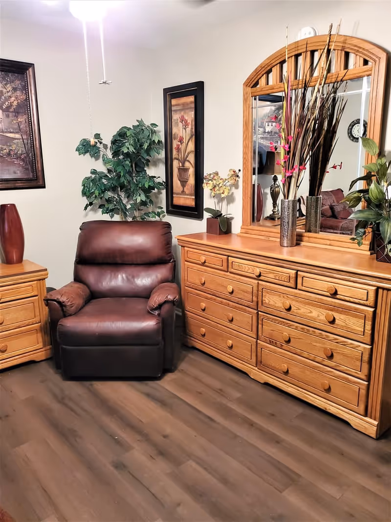 A cozy room featuring a brown leather recliner chair, a wooden dresser with multiple drawers and a large mirror, a wooden nightstand with a red vase, and decorative plants and framed artwork on the walls.