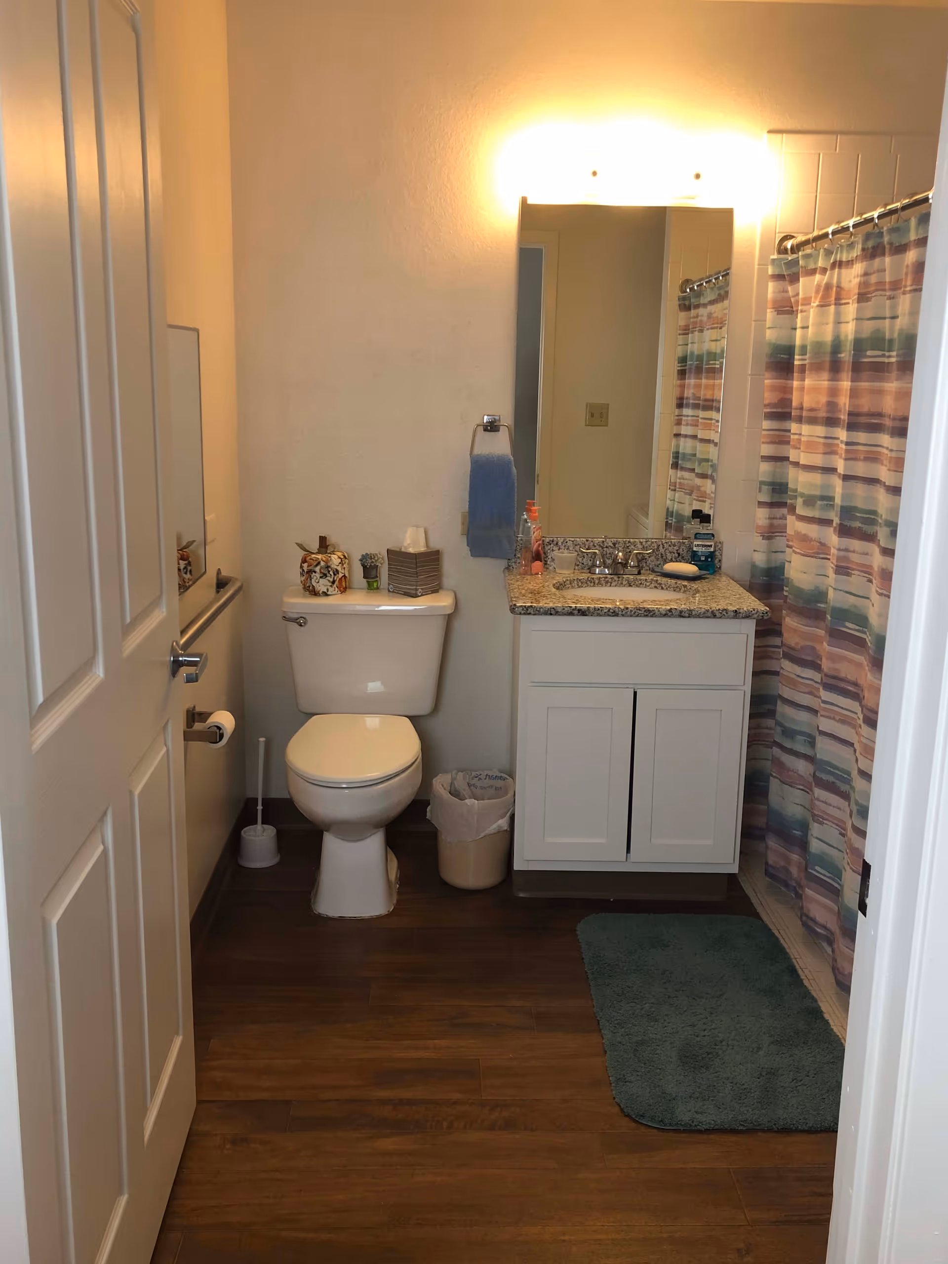 A clean bathroom with a white toilet, a white vanity with a granite countertop and sink, a mirror above the sink with a light fixture, a colorful striped shower curtain, a blue bath mat on the wooden floor, a towel hanging on a rack, and a small trash can next to the vanity.