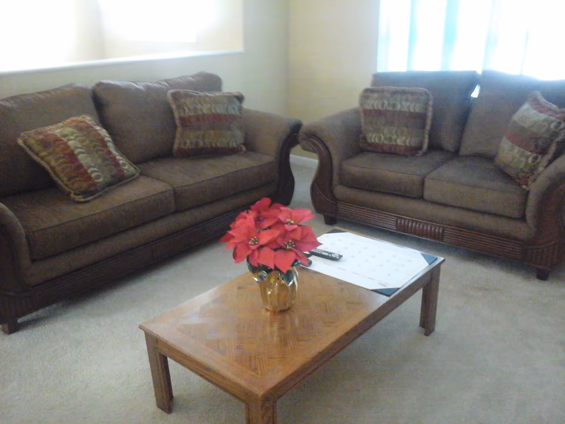 Two brown sofas face a wooden coffee table with a vase of red flowers in a carpeted living room.