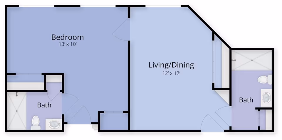 Top-down floor plan of a one-bedroom apartment showing a 13' x 10' bedroom, a 12' x 17' living/dining area, and two bathrooms.
