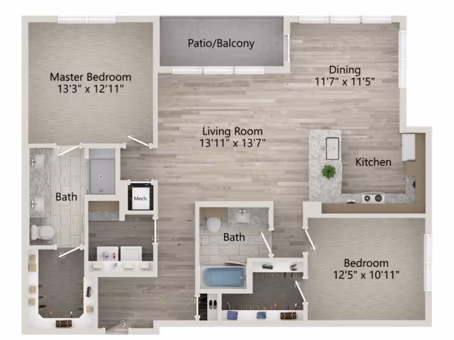 Labeled floor plan of a two-bedroom, two-bath apartment with living room, dining area, kitchen with island, and a patio/balcony.